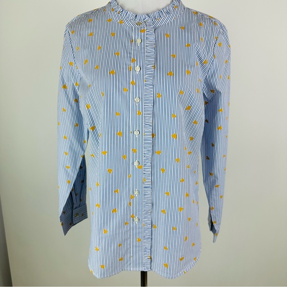 Talbots Ruffle Striped Heart Print Button Down Shirt Large Petite - Picture 2 of 15